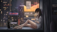 女孩喝啤酒 飘窗 城市夜景 雨天 猫 好看唯美4k动漫壁纸 4000x2253