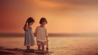 海滩,两个小孩子牵手,4K壁纸图片 3844x2314